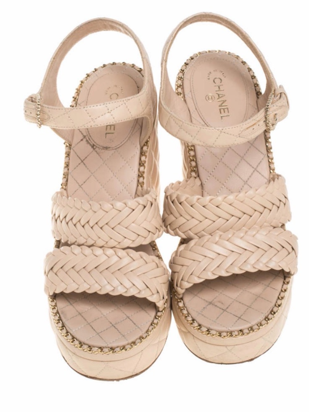 Authentic Chanel Beige Quilted Leather Wedge Platform Sandals with chain Size 39
